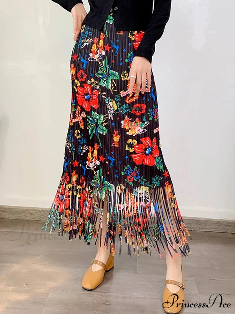 Stylish Printed Blossom Fringes Stretchy Waist Skirt