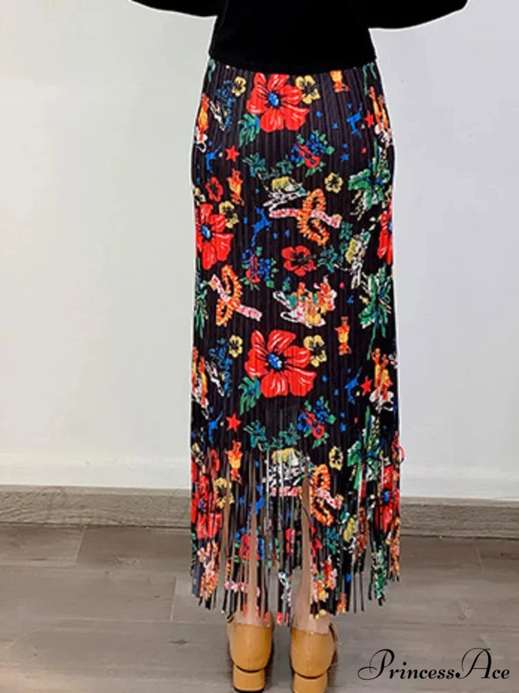 Stylish Printed Blossom Fringes Stretchy Waist Skirt