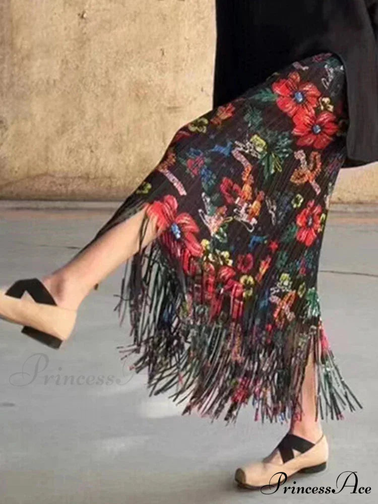 Stylish Printed Blossom Fringes Stretchy Waist Skirt
