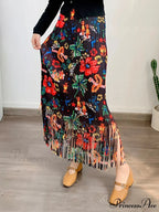 Stylish Printed Blossom Fringes Stretchy Waist Skirt