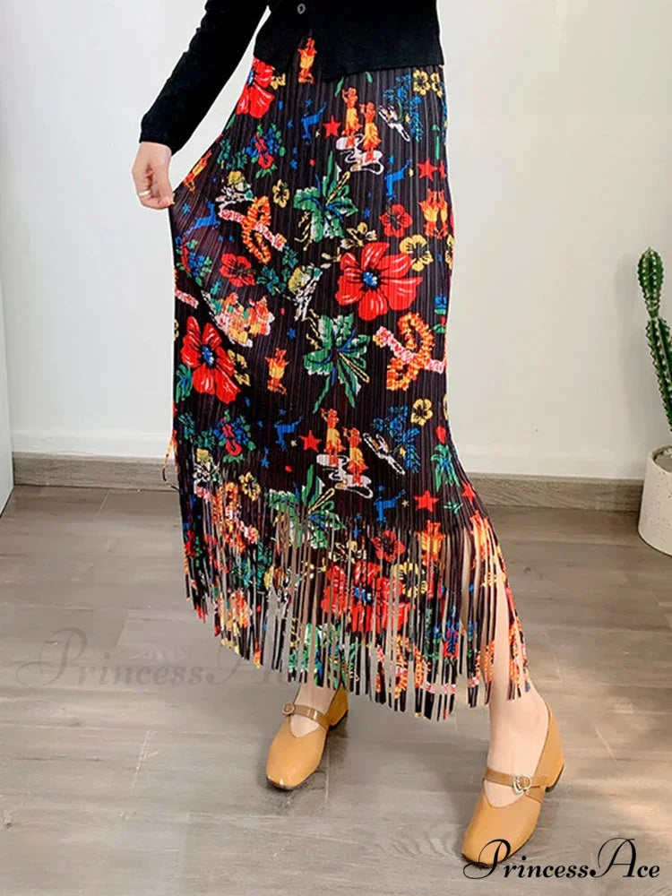 Stylish Printed Blossom Fringes Stretchy Waist Skirt