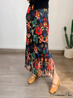 Stylish Printed Blossom Fringes Stretchy Waist Skirt