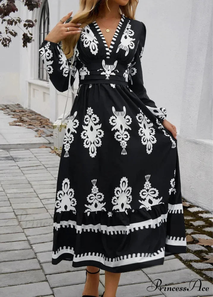 Stylish Printed V-neck A-line Boho Dress