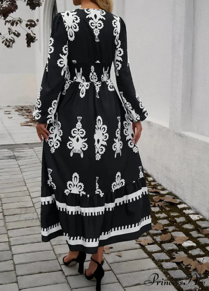 Stylish Printed V-neck A-line Boho Dress