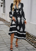 Stylish Printed V-neck A-line Boho Dress