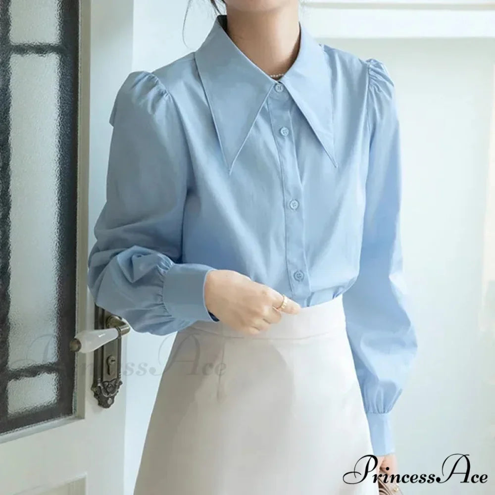 Stylish Puff Sleeve Folded Collar White Blouse