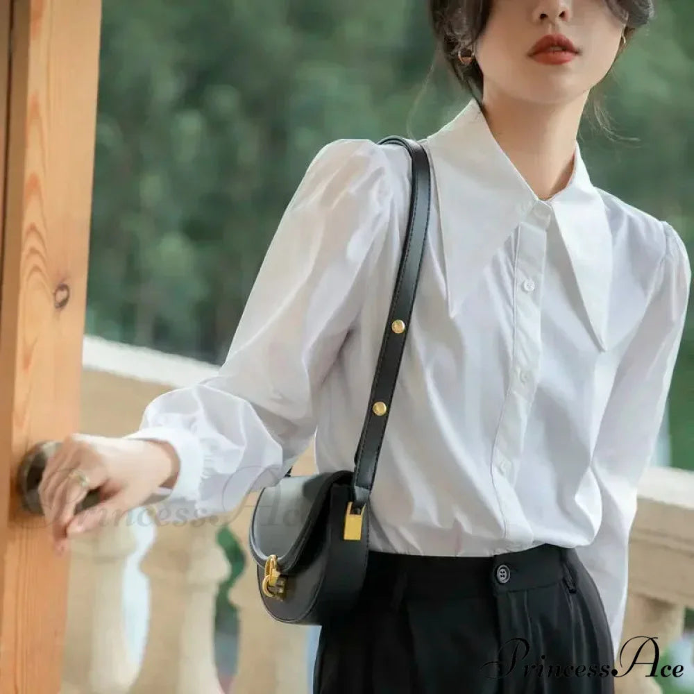 Stylish Puff Sleeve Folded Collar White Blouse