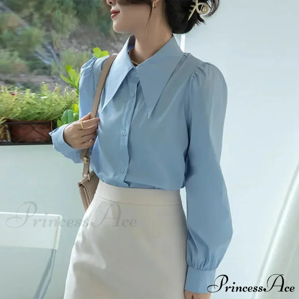 Stylish Puff Sleeve Folded Collar White Blouse