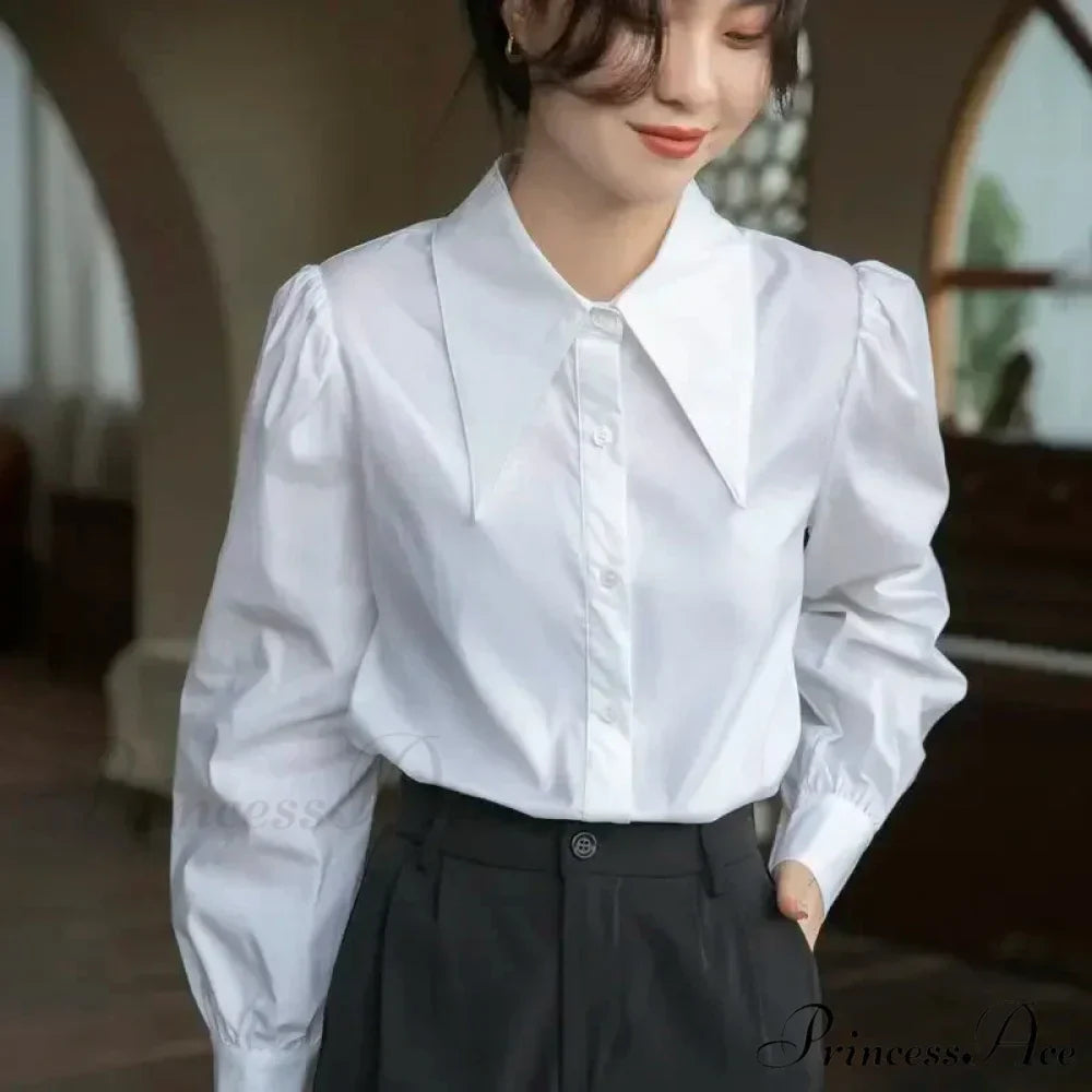 Stylish Puff Sleeve Folded Collar White Blouse