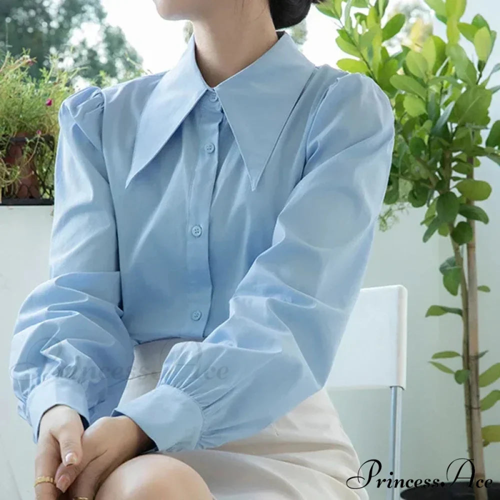 Stylish Puff Sleeve Folded Collar White Blouse