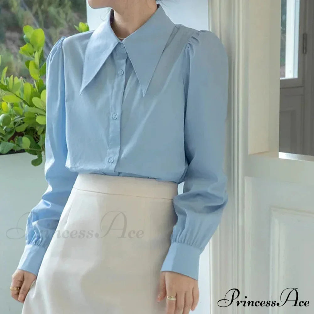 Stylish Puff Sleeve Folded Collar White Blouse