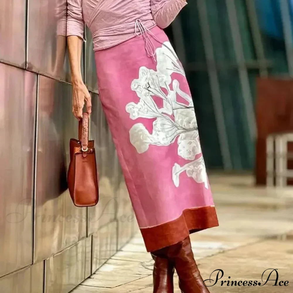 Stylish Rose Floral Printed Mid Waist Slit Midi Pencil Skirt