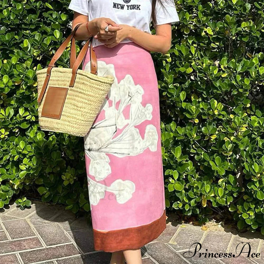 Stylish Rose Floral Printed Mid Waist Slit Midi Pencil Skirt