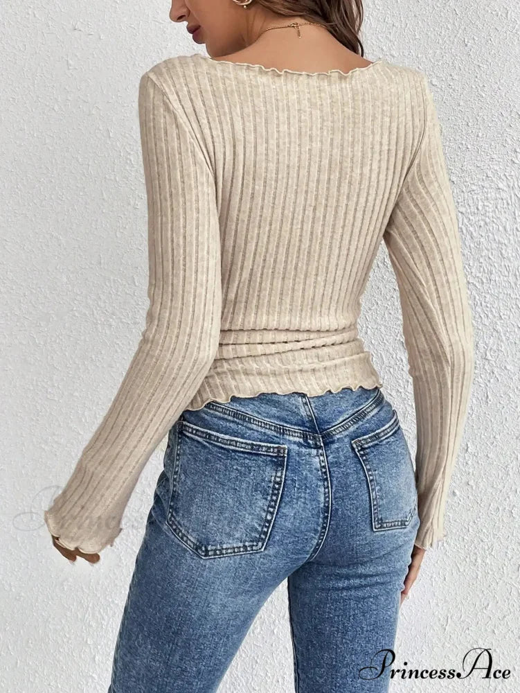 Stylish Round Neck Timber Ear Edge Long Sleeve Knit Top