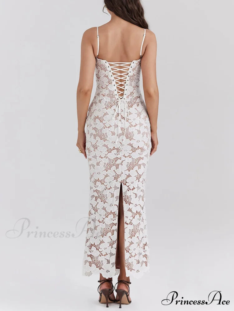 Stylish Sexy Lace Charming Halter See-Through Midi Dress