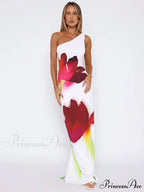 Stylish Single Shoulder Open Back Long Floral Gown
