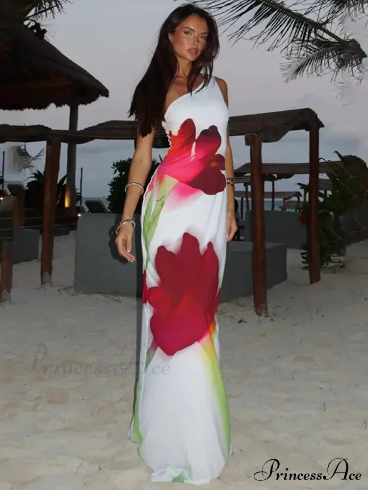 Stylish Single Shoulder Open Back Long Floral Gown