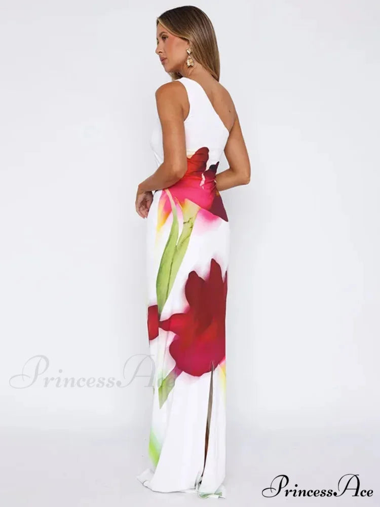 Stylish Single Shoulder Open Back Long Floral Gown