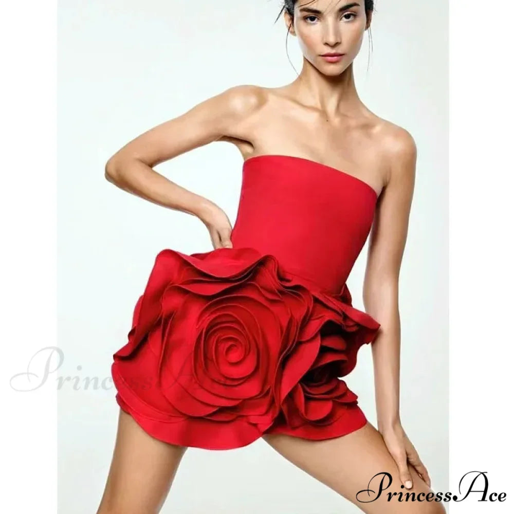 Stylish Stereoscopic Flowers Strapless Glamorous Christmas Party Dress