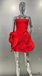 Stylish Stereoscopic Flowers Strapless Glamorous Christmas Party Dress