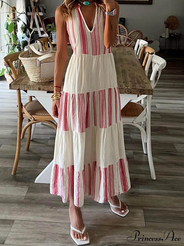 Stylish Striped Printed Charming V-Neck Sleeveless Midi Dress