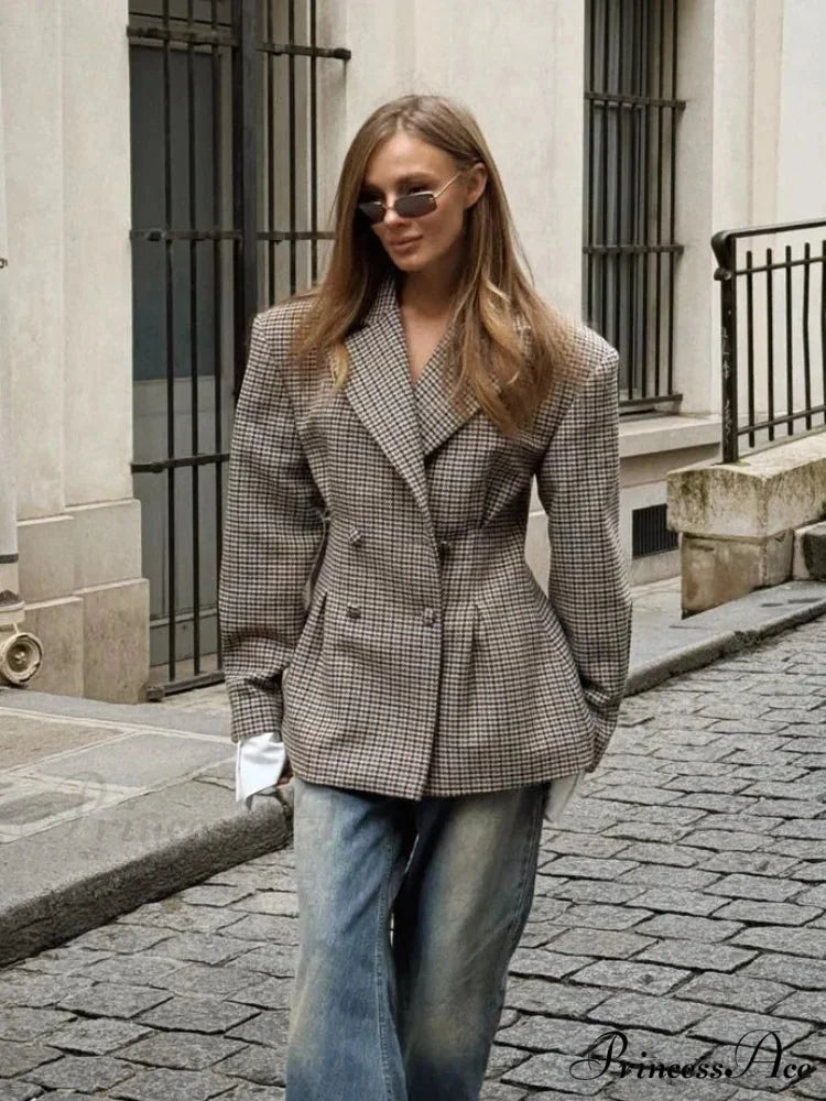 Stylish Tartan Printed Lapel Coat