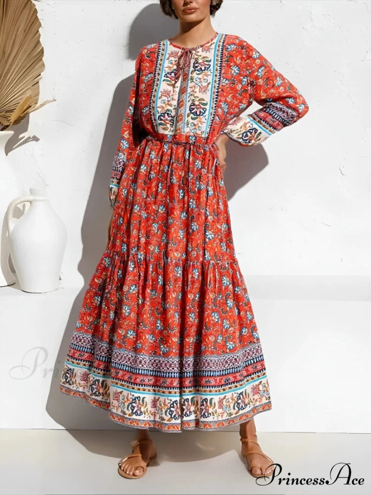 Stylish Tie-up Flower Pattern Bohemian Dress