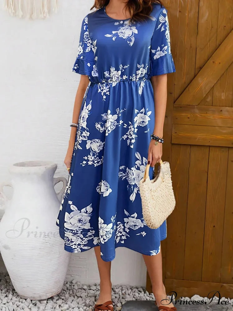 Stylish Trendy Printed Circular Neck Short Sleeve Floral Dress