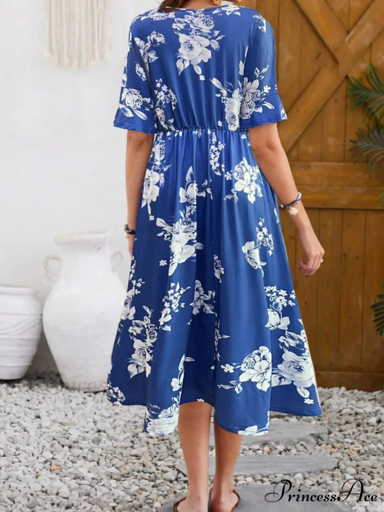 Stylish Trendy Printed Circular Neck Short Sleeve Floral Dress