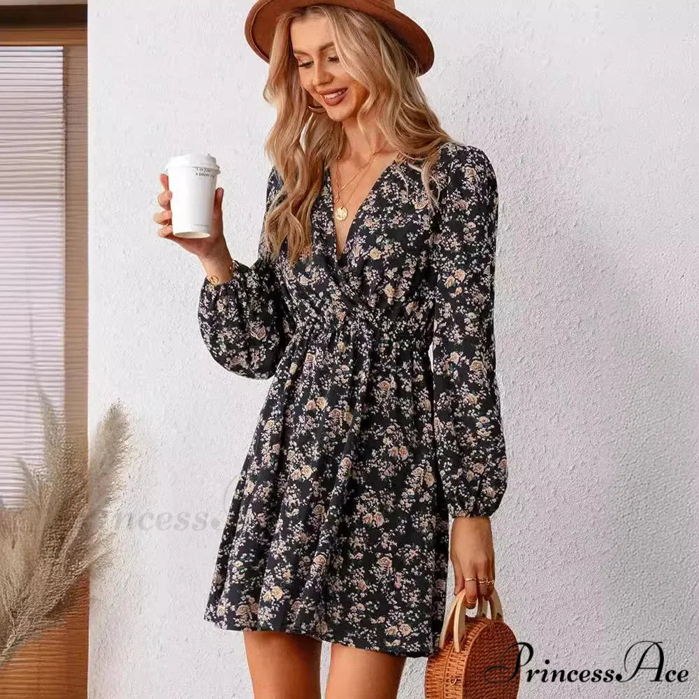 Stylish V-Neck Floral Mini Chiffon Dress