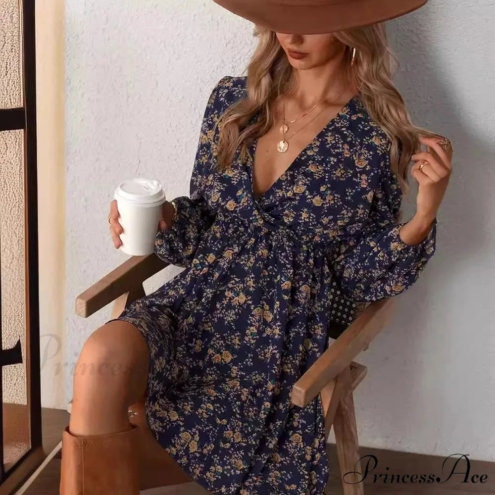 Stylish V-Neck Floral Mini Chiffon Dress