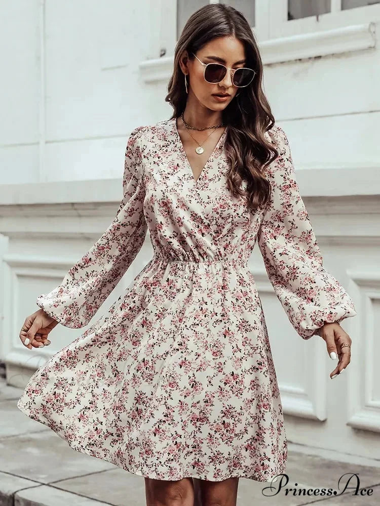 Stylish V-Neck Floral Mini Chiffon Dress