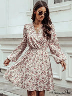 Stylish V-Neck Floral Mini Chiffon Dress