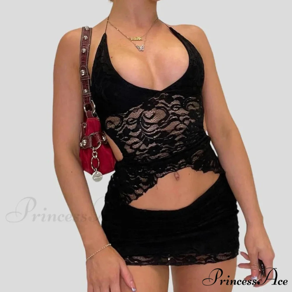 Stylish V Neck Halter Fasten Bandage Crop Top Mini Pencil Skirt Two Pieces Set