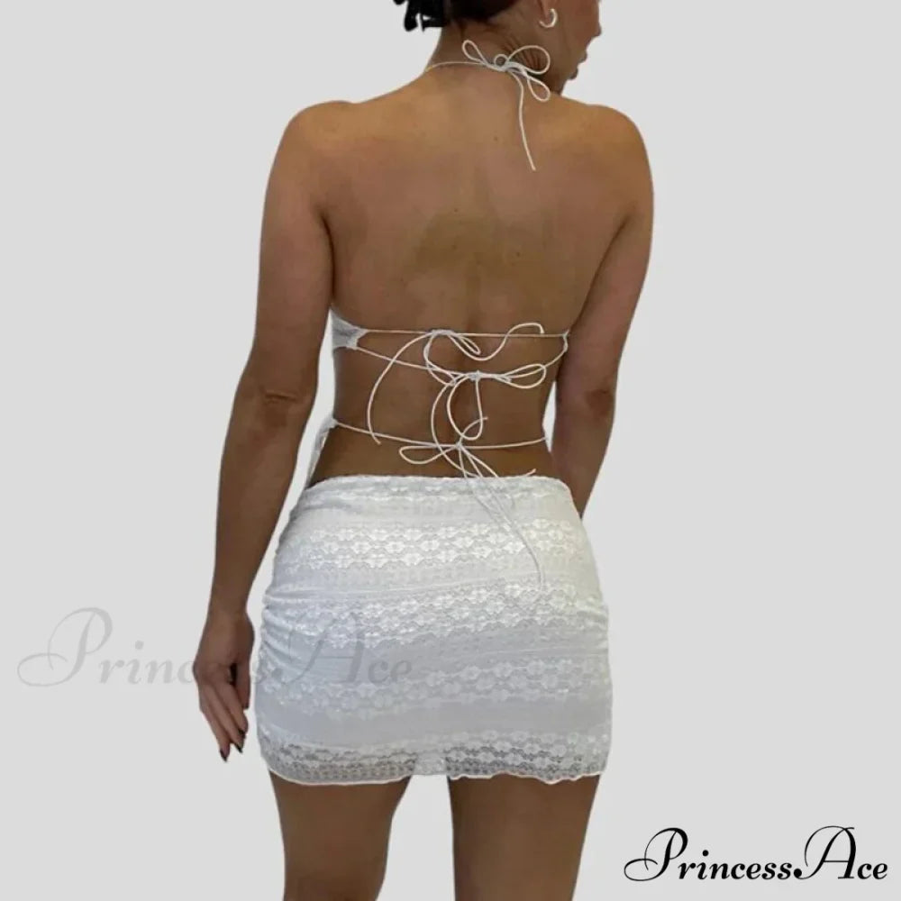 Stylish V Neck Halter Fasten Bandage Crop Top Mini Pencil Skirt Two Pieces Set