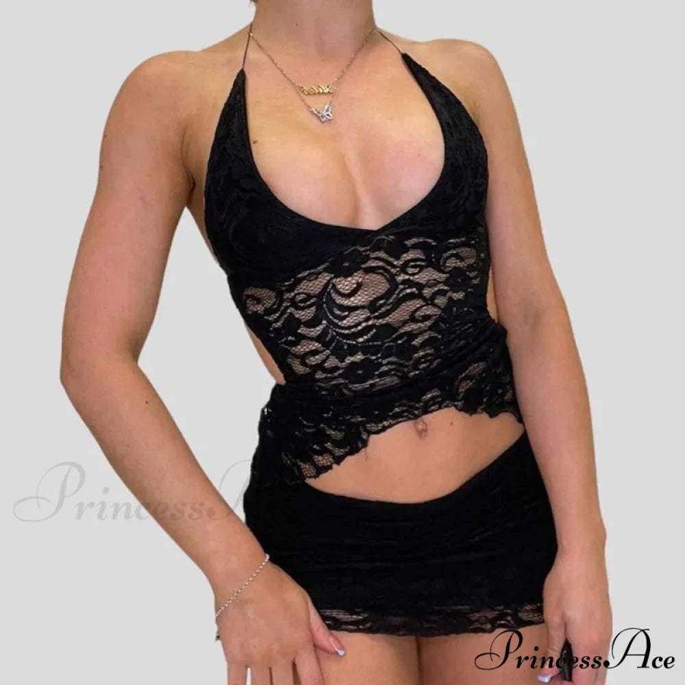 Stylish V Neck Halter Fasten Bandage Crop Top Mini Pencil Skirt Two Pieces Set