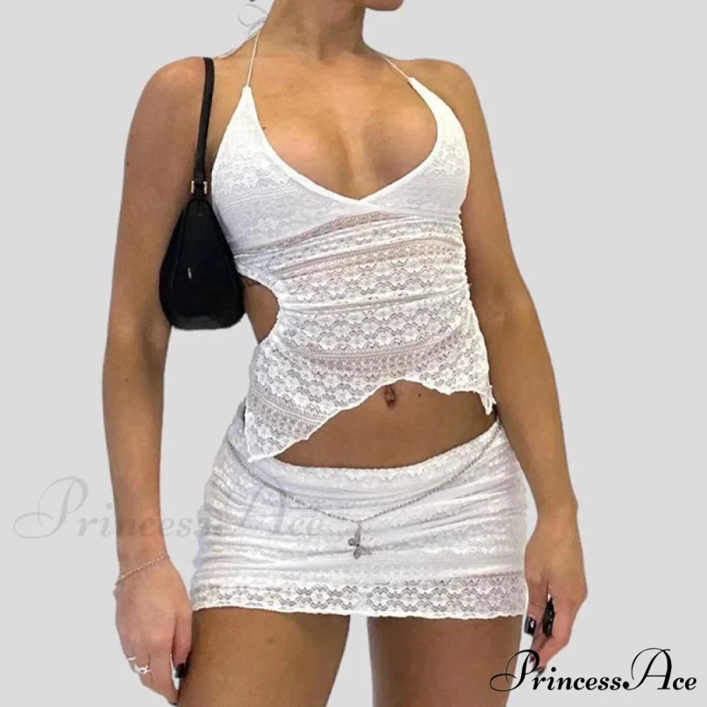 Stylish V Neck Halter Fasten Bandage Crop Top Mini Pencil Skirt Two Pieces Set