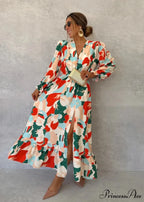 Stylish V-neck Patterned Floral Dress