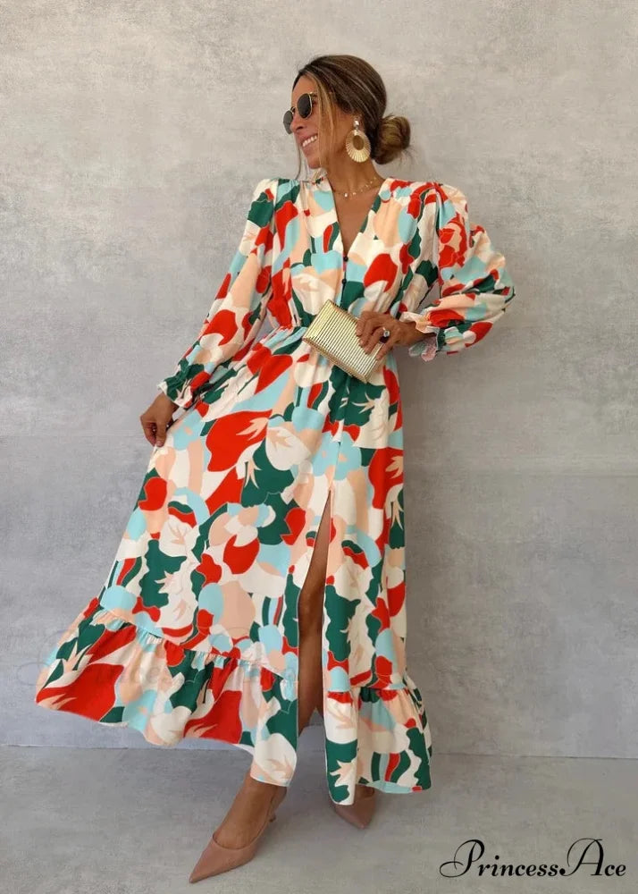 Stylish V-neck Patterned Floral Dress