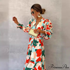 Stylish V-neck Patterned Floral Dress