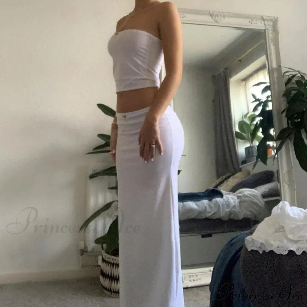 Stylish Women Chest Wrap Tube Tops + Low Rise Long Skirt Summer Strapless Camis Crop Tops Y2K Fairycore Vintage 2 Piece Set Outfits