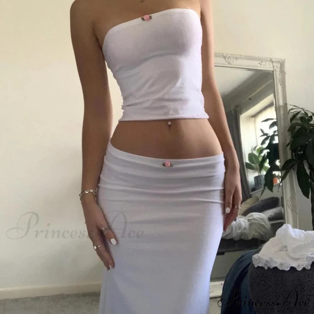 Stylish Women Chest Wrap Tube Tops + Low Rise Long Skirt Summer Strapless Camis Crop Tops Y2K Fairycore Vintage 2 Piece Set Outfits