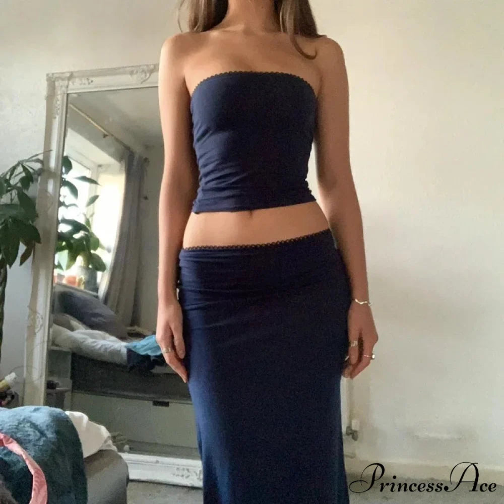 Stylish Women Chest Wrap Tube Tops + Low Rise Long Skirt Summer Strapless Camis Crop Tops Y2K Fairycore Vintage 2 Piece Set Outfits