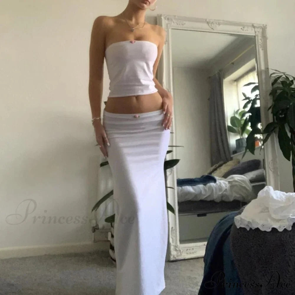 Stylish Women Chest Wrap Tube Tops + Low Rise Long Skirt Summer Strapless Camis Crop Tops Y2K Fairycore Vintage 2 Piece Set Outfits