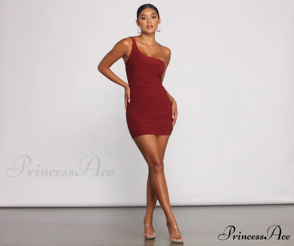 Such A Stunner One Graceful Shoulder Ruched Mini Dress