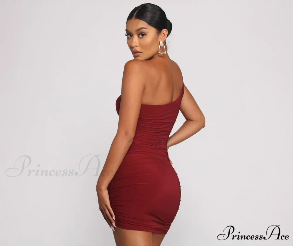 Such A Stunner One Graceful Shoulder Ruched Mini Dress