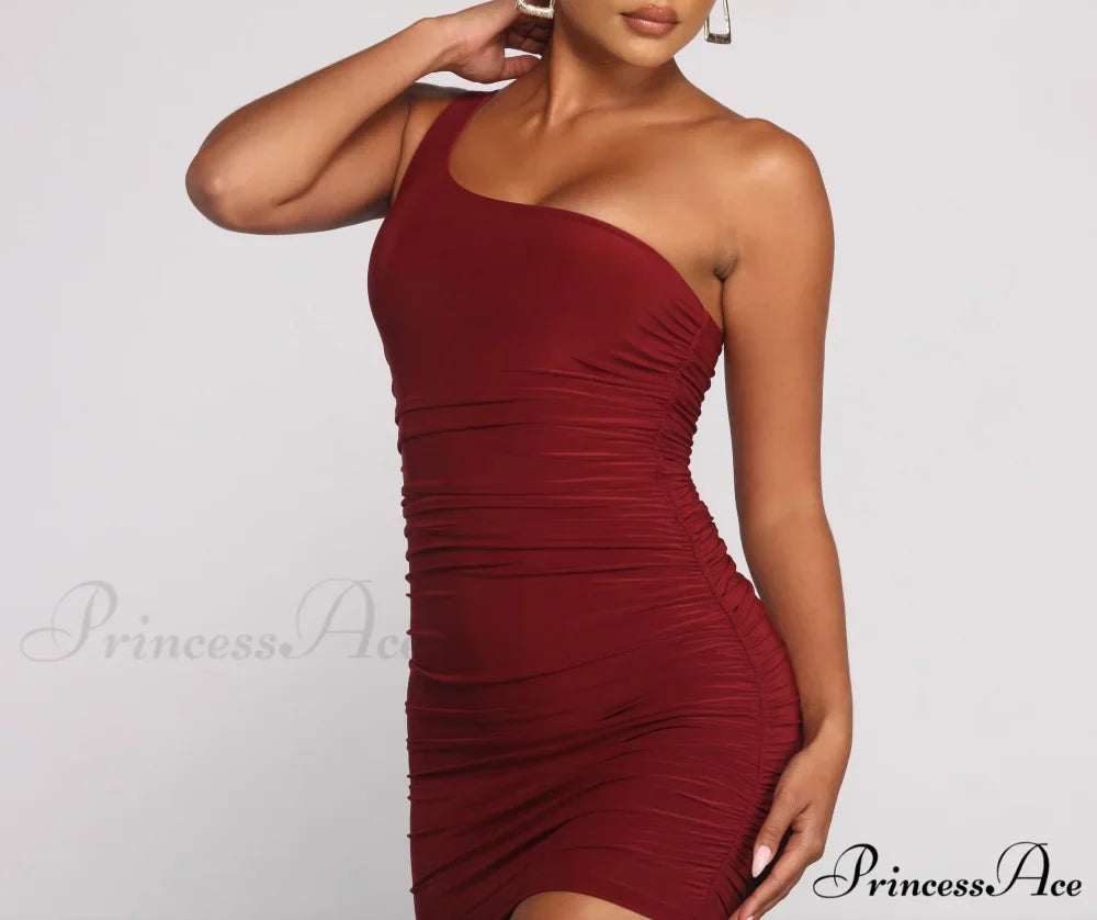 Such A Stunner One Graceful Shoulder Ruched Mini Dress