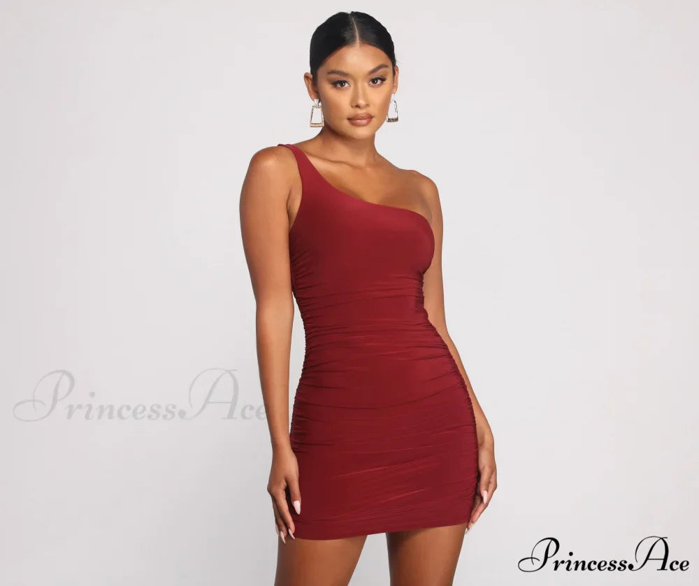 Such A Stunner One Graceful Shoulder Ruched Mini Dress