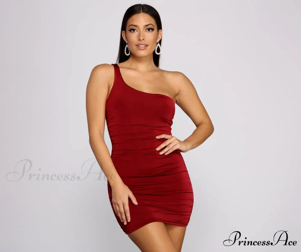Such A Stunner One Graceful Shoulder Ruched Mini Dress