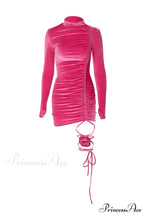 Suede Mock Neck Drawstring Floral Mini Dress